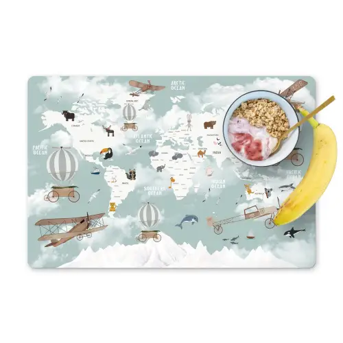 Wereldkaart - Kind - Vliegtuig Placemat vinyl groot -zzzproduct_Kitchenyeah-website