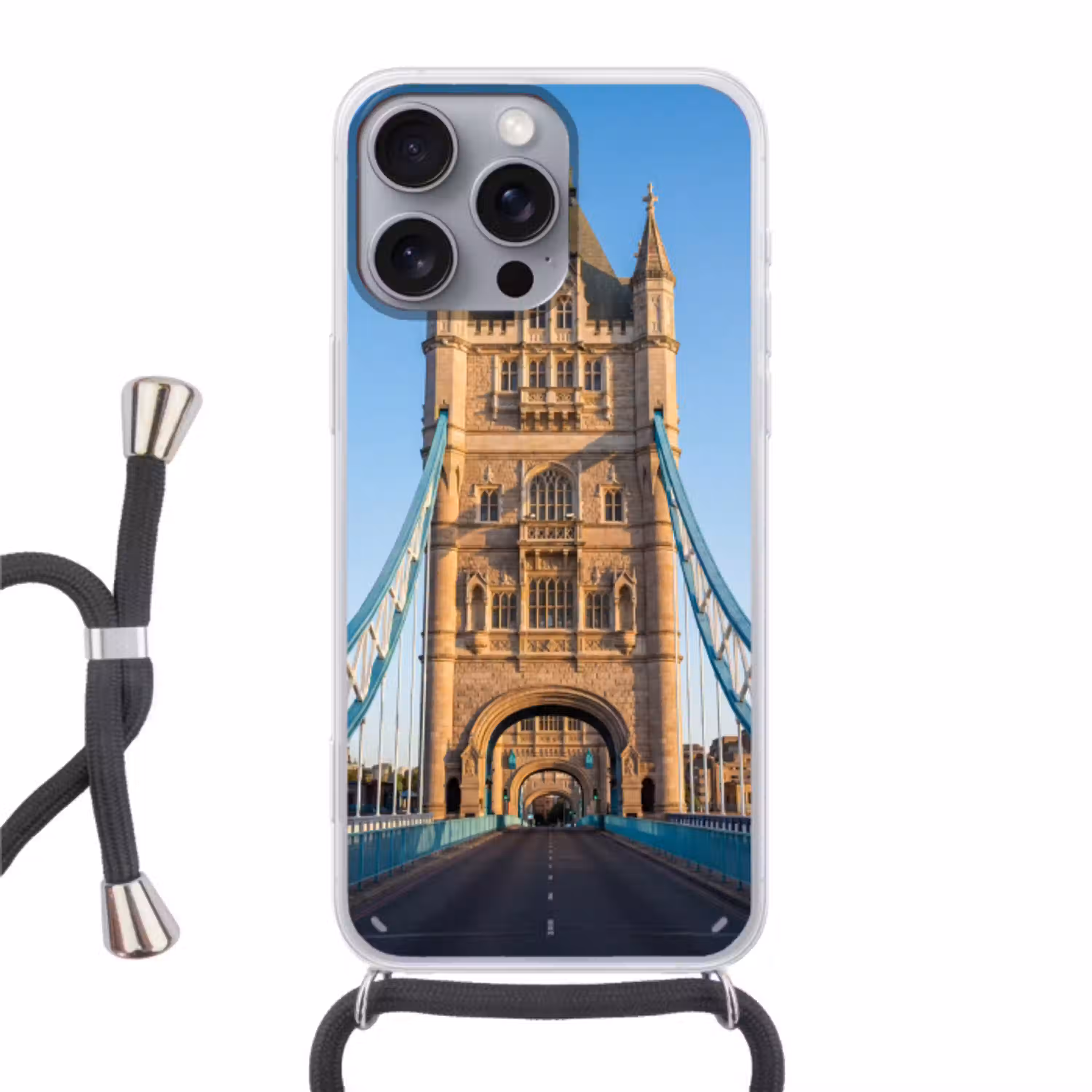 Brug - Toren - Architectuur - Klassiek - Blauw Hoesje iPhone 16 Pro Max met koord klein -3d