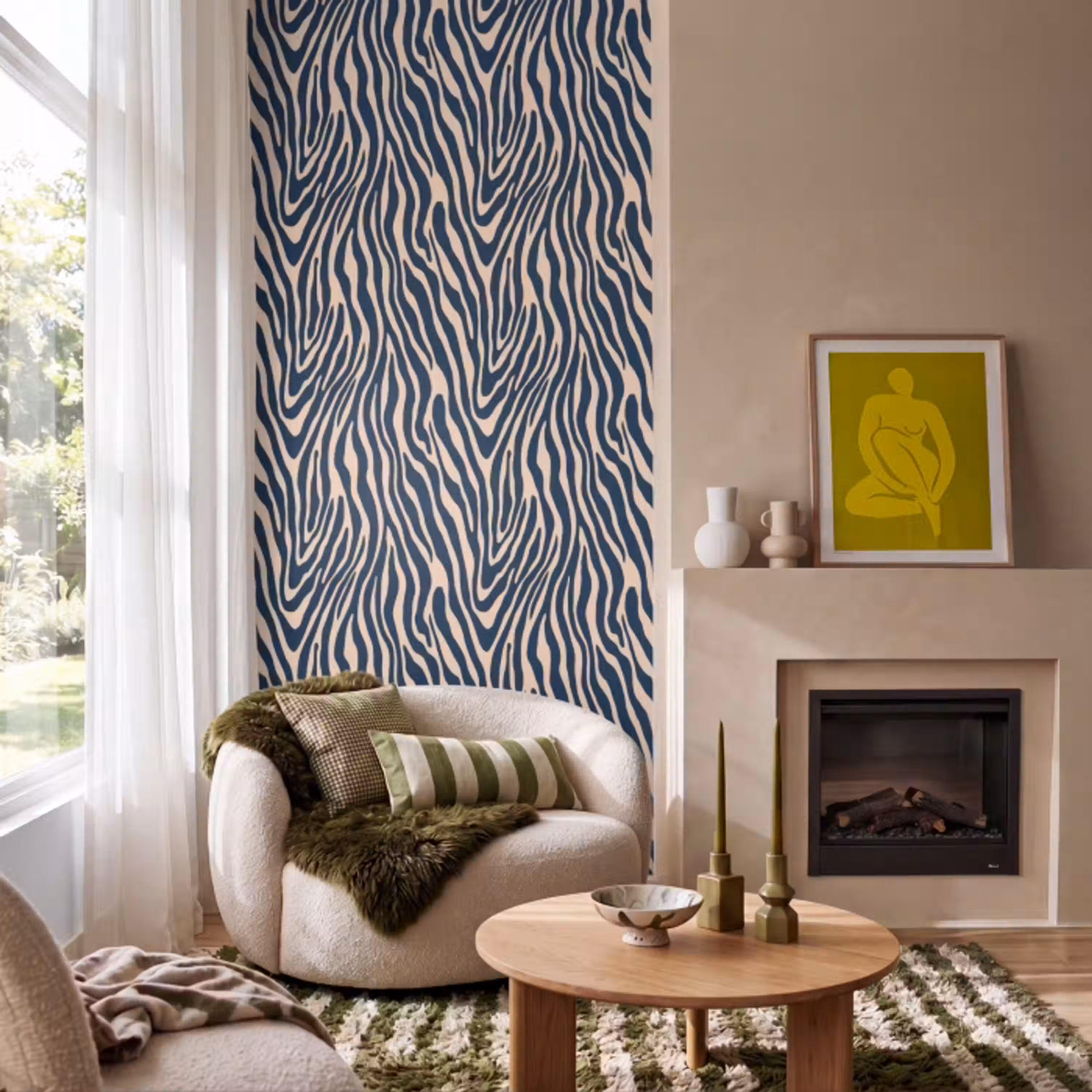 Zebra - Patroon - Blauw - Beige Behang Vlies klein 1076 -sfeer2