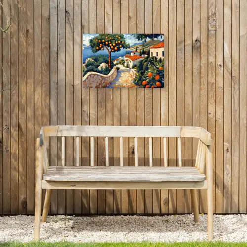 Huizen - Mozaïek - Sinaasappelbomen - Zee Tuinposter op houten frame 2 cm dik klein -sfeer4