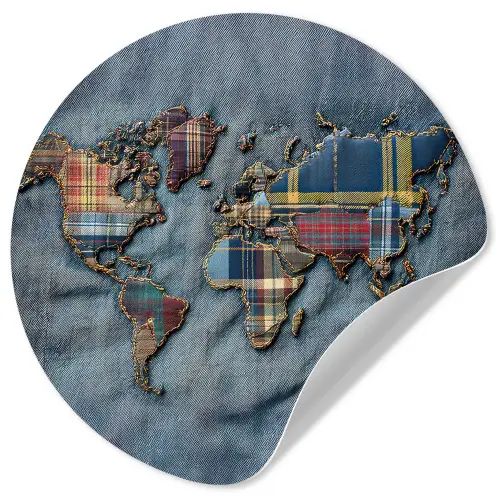Wereldkaart - Denim - Textiel Wandcirkel behangsticker klein -3d