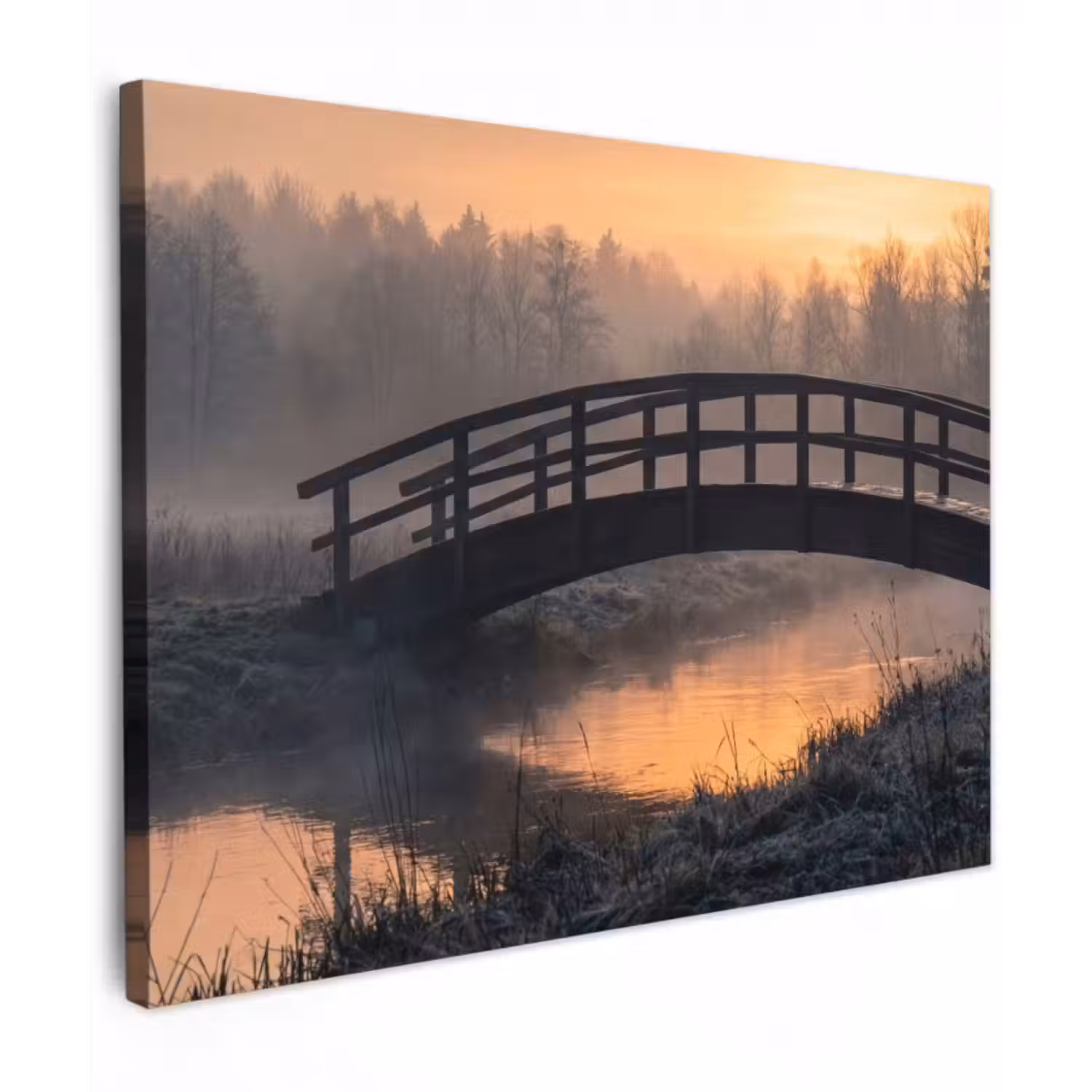 Leinwandbild - Brücke - Nebel - Bäume - Wasser
