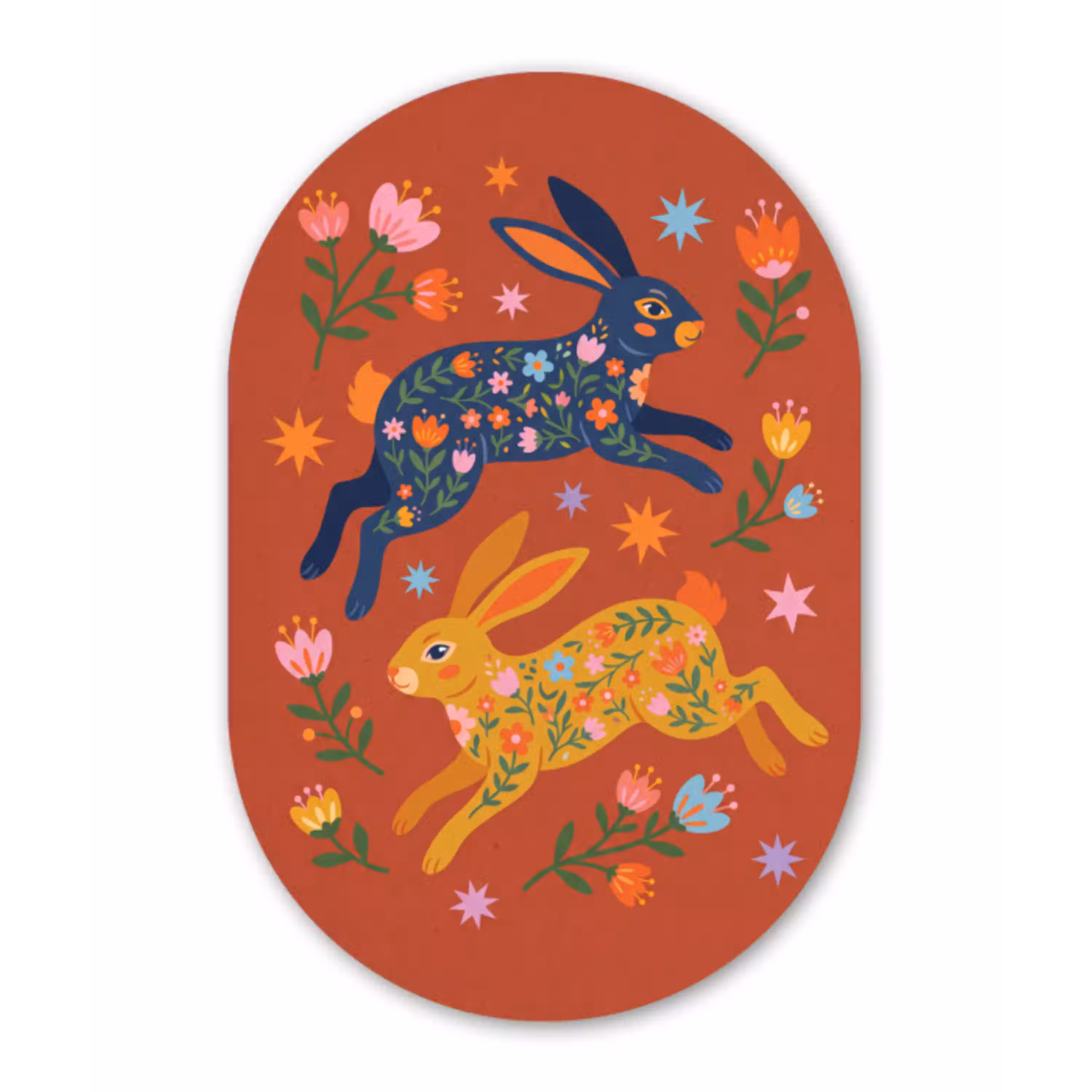 Konijn - Bloemen - Folk Art - Kleurrijk - Dieren Wandcirkel Ovaal Glas middel -3d