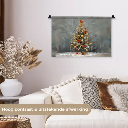 Kerstboom - Cadeaus - Rood - Goud Wandkleed katoen klein -sfeer1