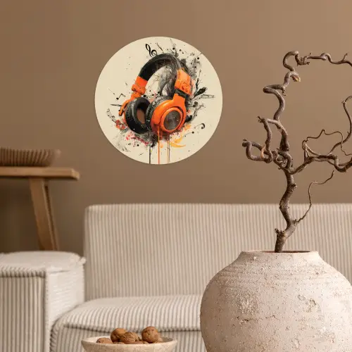 Koptelefoon - Oranje - Explosief Wandcirkel behangsticker klein -sfeer1