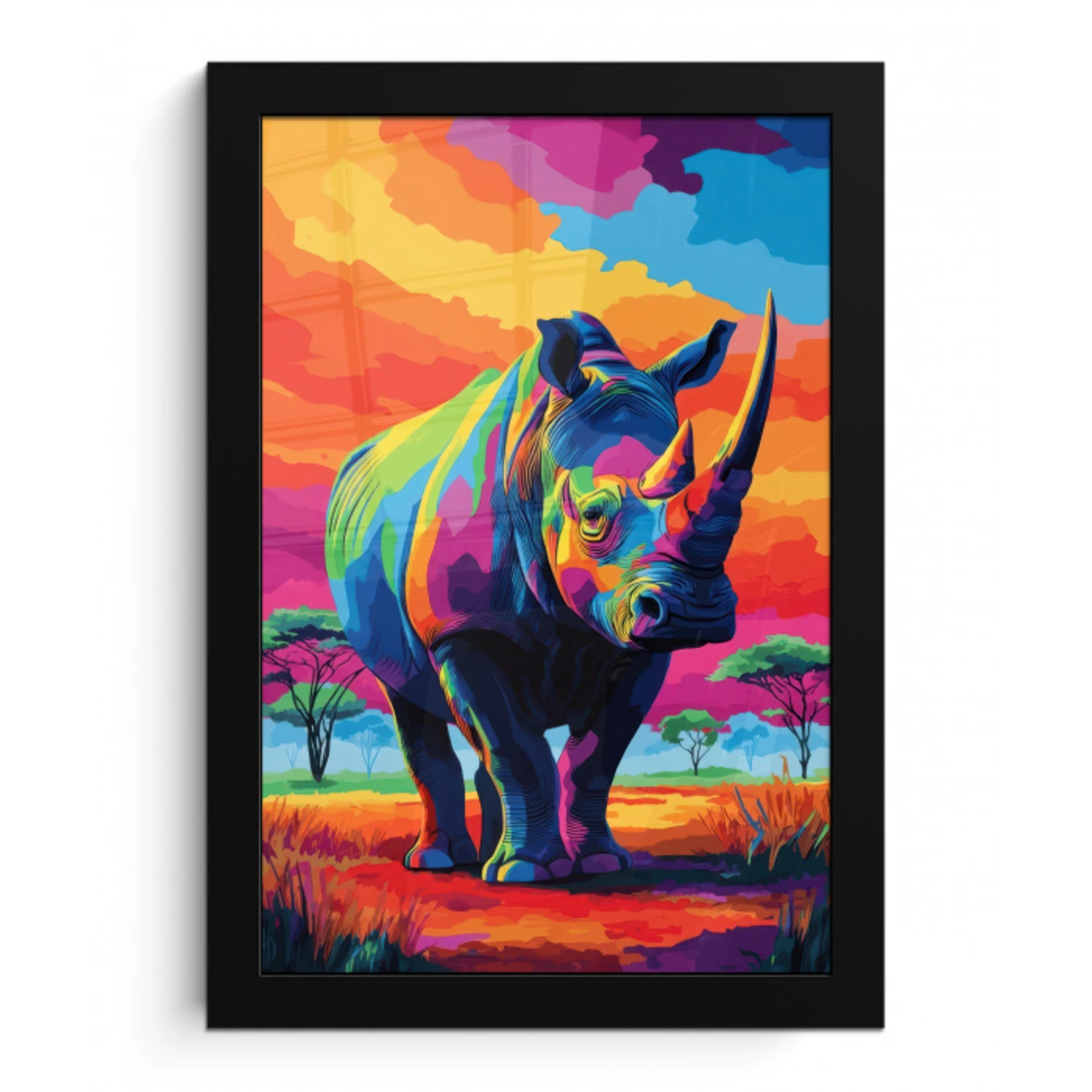 Neushoorn - Zonsondergang - Savanna - Kleurrijk fotolijst zwart zonder passe partout klein -3d