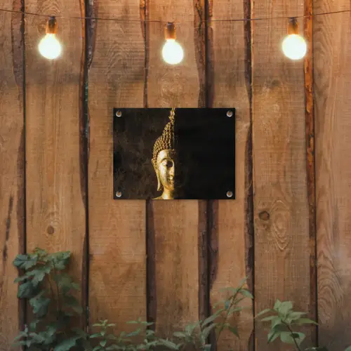 Buddha - Boeddha beeld - Goud - Spiritueel - Zwart tuinposter los doek klein -sfeer1