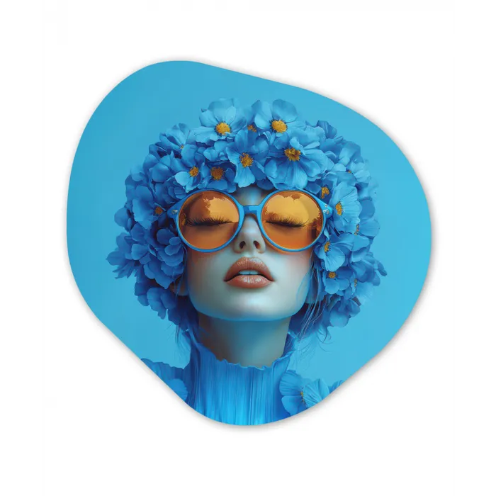 Vrouw - Bloem - Blauw - Modern - Bril - Portret Wandcirkel Organisch Aluminium middel -3d