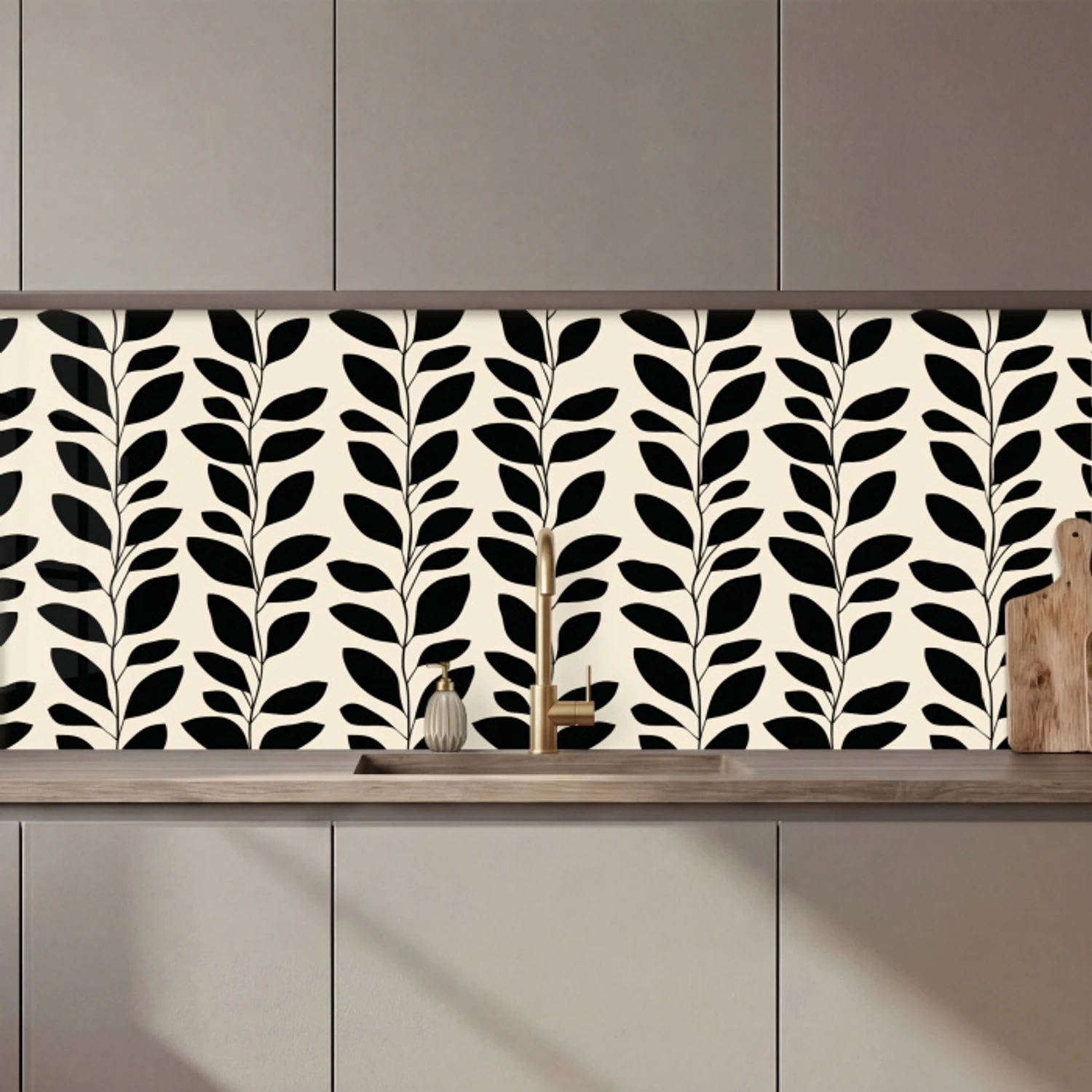 Botanisch - Dessin - Zwart - Beige keuken achterwand 2 middel 871 zz_3dshopping
