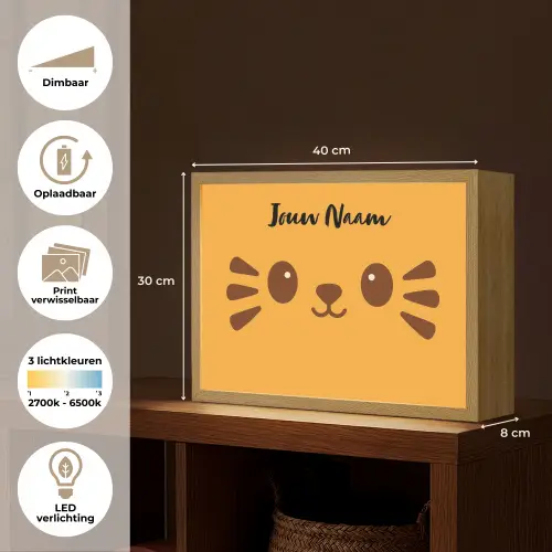 Kat - Minimalistisch - Oranje - Vrolijk Light Box met batterij (Wandlamp kind) middel -USP_websiteoverzichtNL