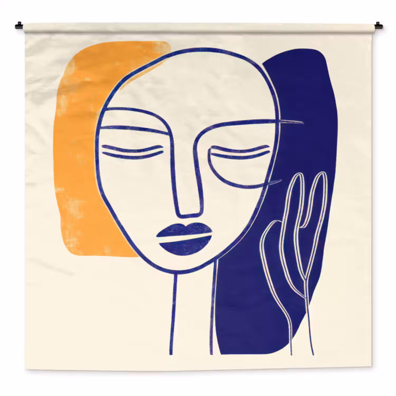Wandkleed - Minimalistisch - Gezicht - Hand - Oranje - Blauw