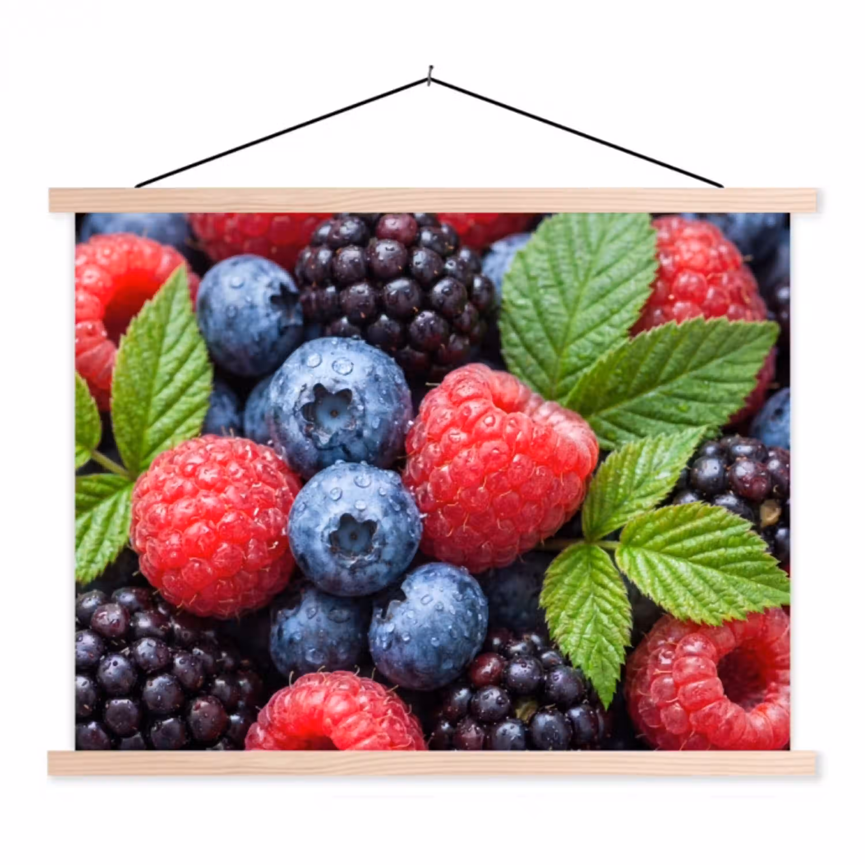 Bessen - Vers - Waterdruppels - Kleurrijk - Eten textielposter latten blank klein -3d