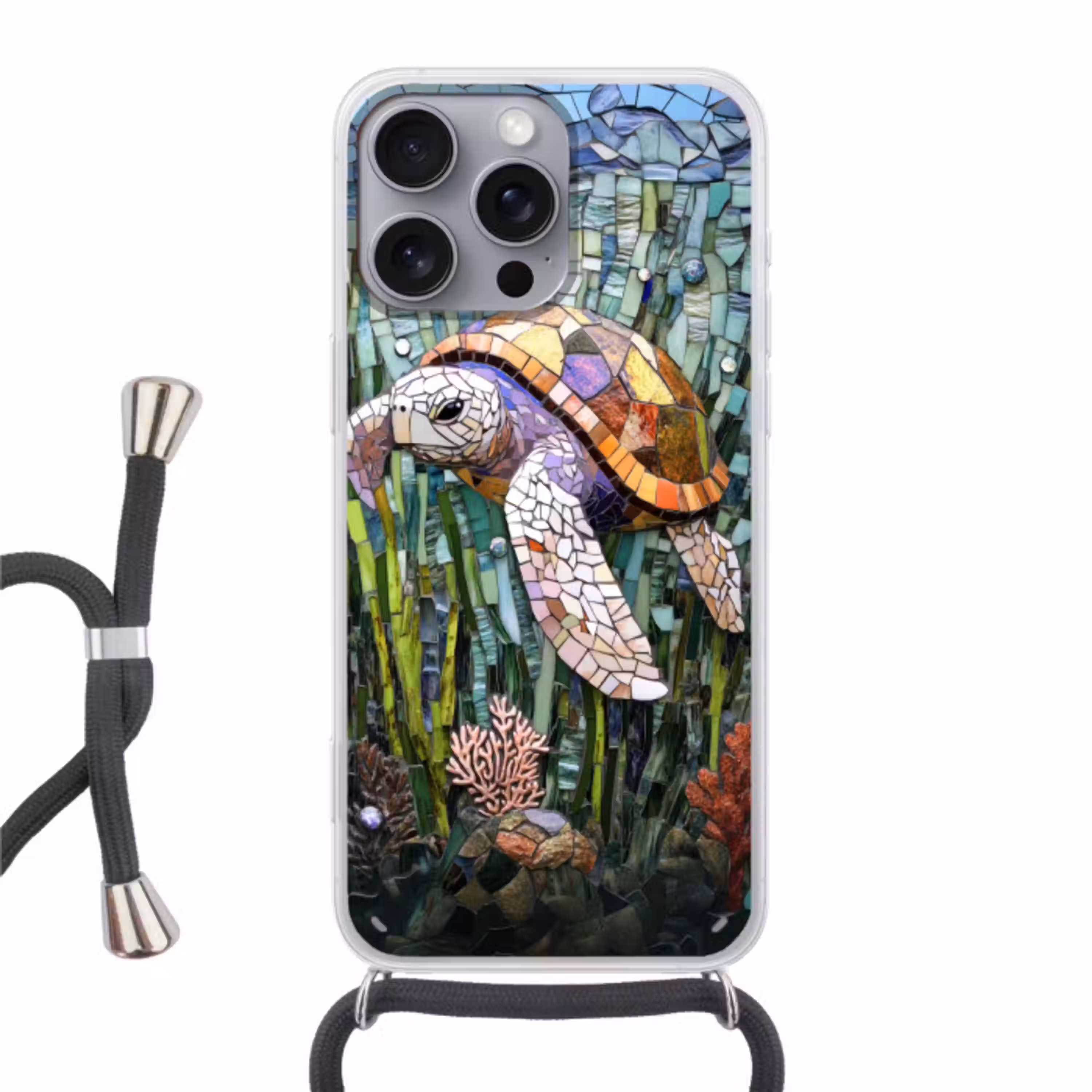 Schildpad - Zeewier - Mozaïek Hoesje iPhone 16 Pro Max met koord klein -3d