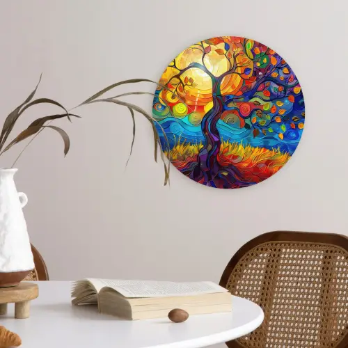 Boom - Zon - Verflook - Kleuren - Abstract Wandcirkel kunststof plaat 5mm dik klein -sfeer4