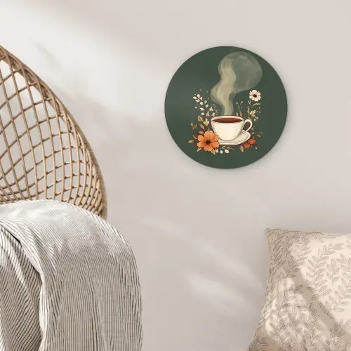 Kop - Bloemen - Groen - Koffie Wandcirkel kunststof plaat 5mm dik klein -sfeer5