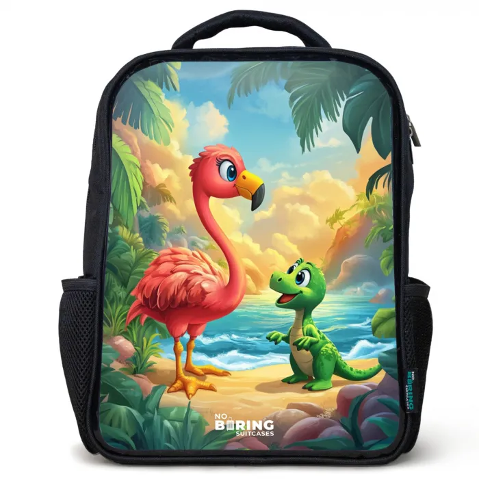 Flamingo en dinosaurus op strand bij ondergaande zon Rugzak - Zwart middel -3d