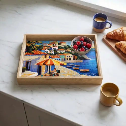 Kustdorp - Huisjes - Mozaïek - Zee Dienblad Rechthoek middel -sfeer2
