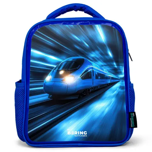 Supersnelle trein in neonblauwe tunnel Kinderrugzak - Blauw middel -3d