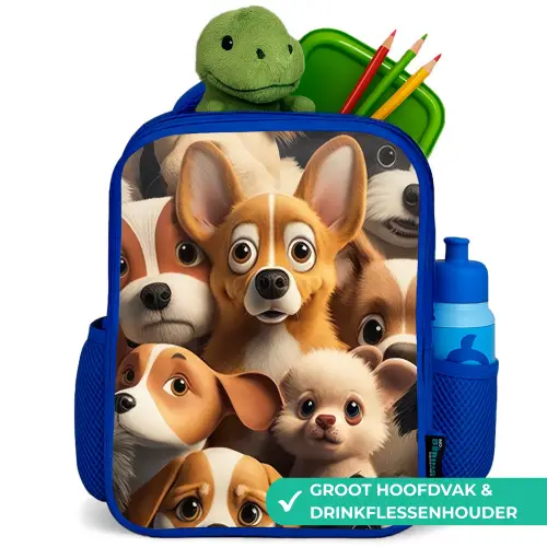 Vrolijke Hondjes Kinderrugzak - Blauw middel -inhoud_NL