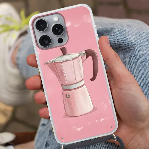 Roze - Mokkapot - Illustratie - Koffie Hoesje iPhone 16 Pro Max met koord klein -sfeer3