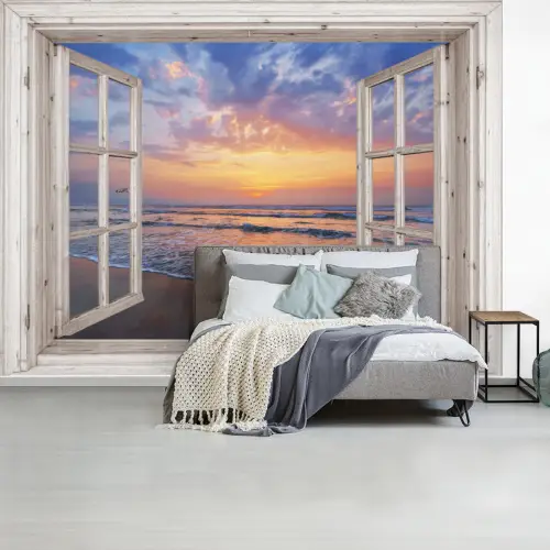 Doorkijk - Zee - Strand - Zonsondergang - Blauw fotobehang vinyl groot -slaapkamer