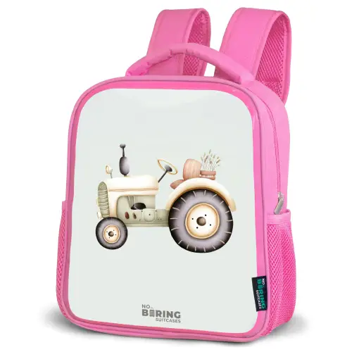 Beige vintage tractor in pastel groene kleuren Kinderrugzak - Roze middel -schuin