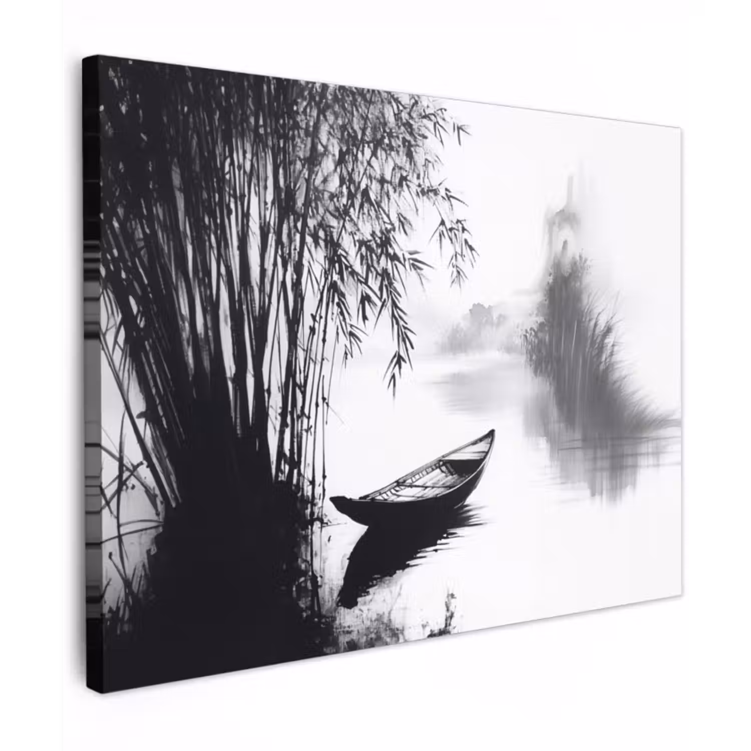 Canvas schilderij - Boot - Rivier - Bamboe - Wit