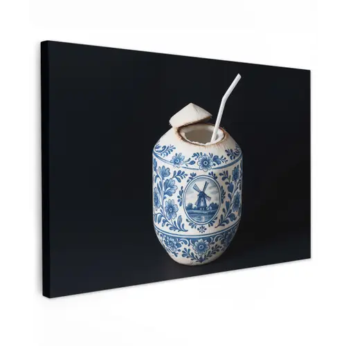 Kokosnoot - Eten - Delfts blauw - Drinken Tuinposter op houten frame 2 cm dik klein -3d