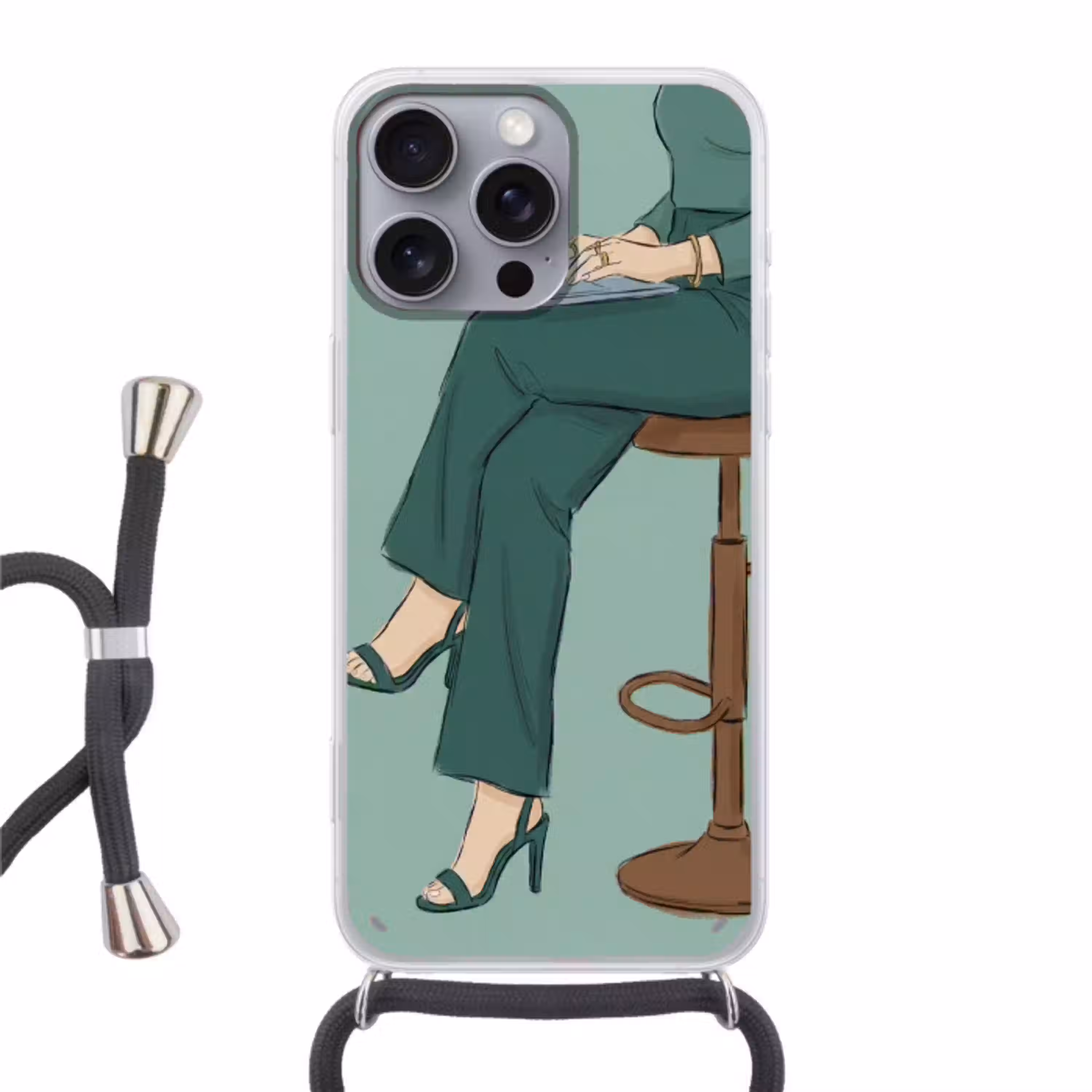 Vrouw - Laptop - Zittend - Illustratie - Groen Hoesje iPhone 16 Pro Max met koord klein -3d