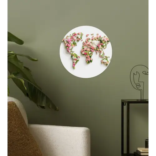 Wereldkaart - Bloemen - Subtiel Wandcirkel behangsticker klein -sfeer2