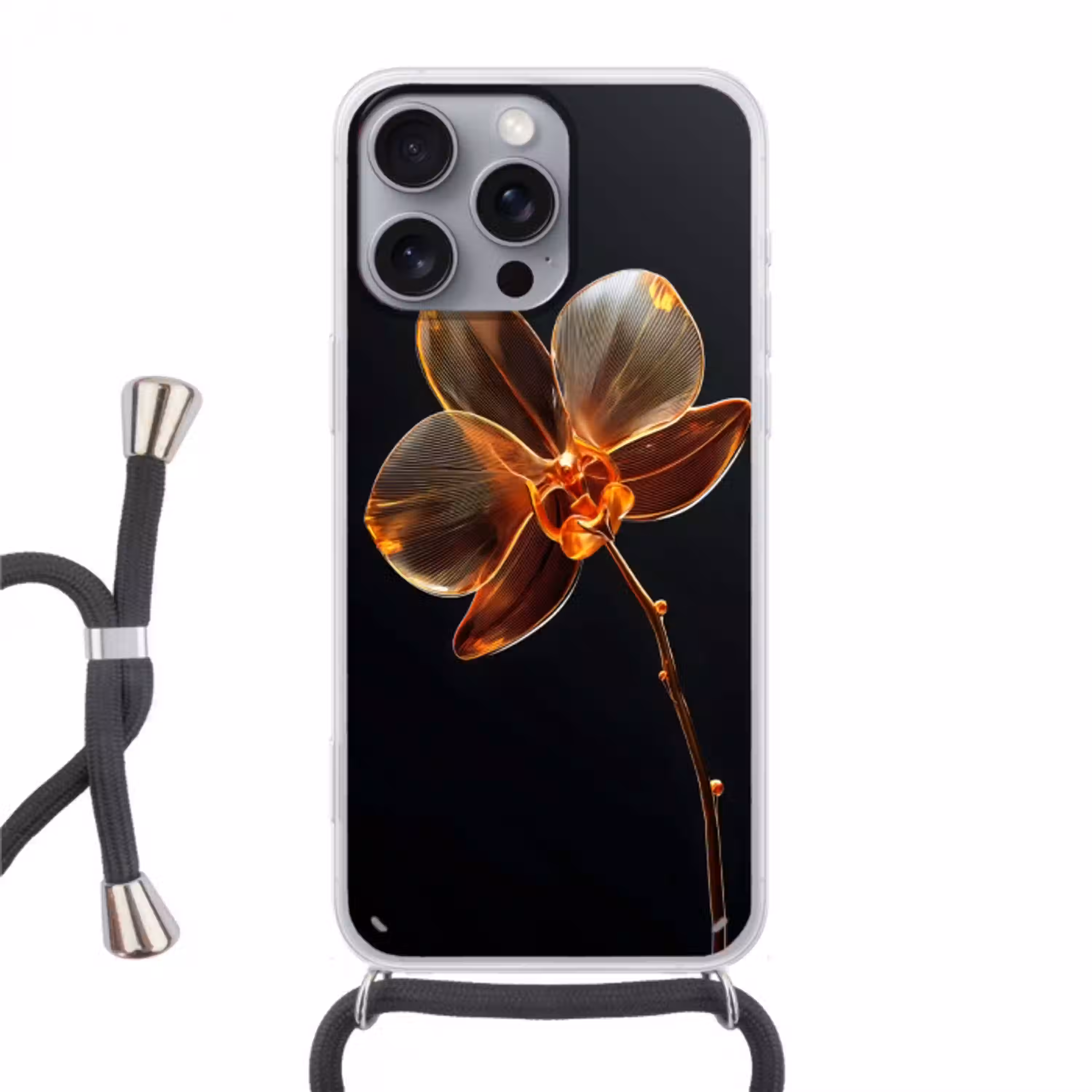 Orchidee - Doorzichtig - Bloem Hoesje iPhone 16 Pro Max met koord klein -3d