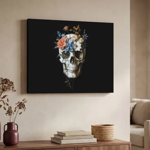 Bloemen - Schedel - Kleurrijk Textielframe zwart klein -sfeer3