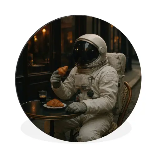 Café - Croissant - Koffie - Astronaut Wandcirkel aluminium klein -3d