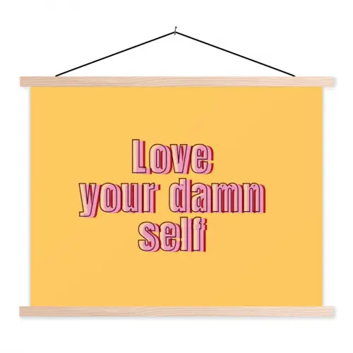 Love yourself - Roze - Geel textielposter latten blank klein -3d