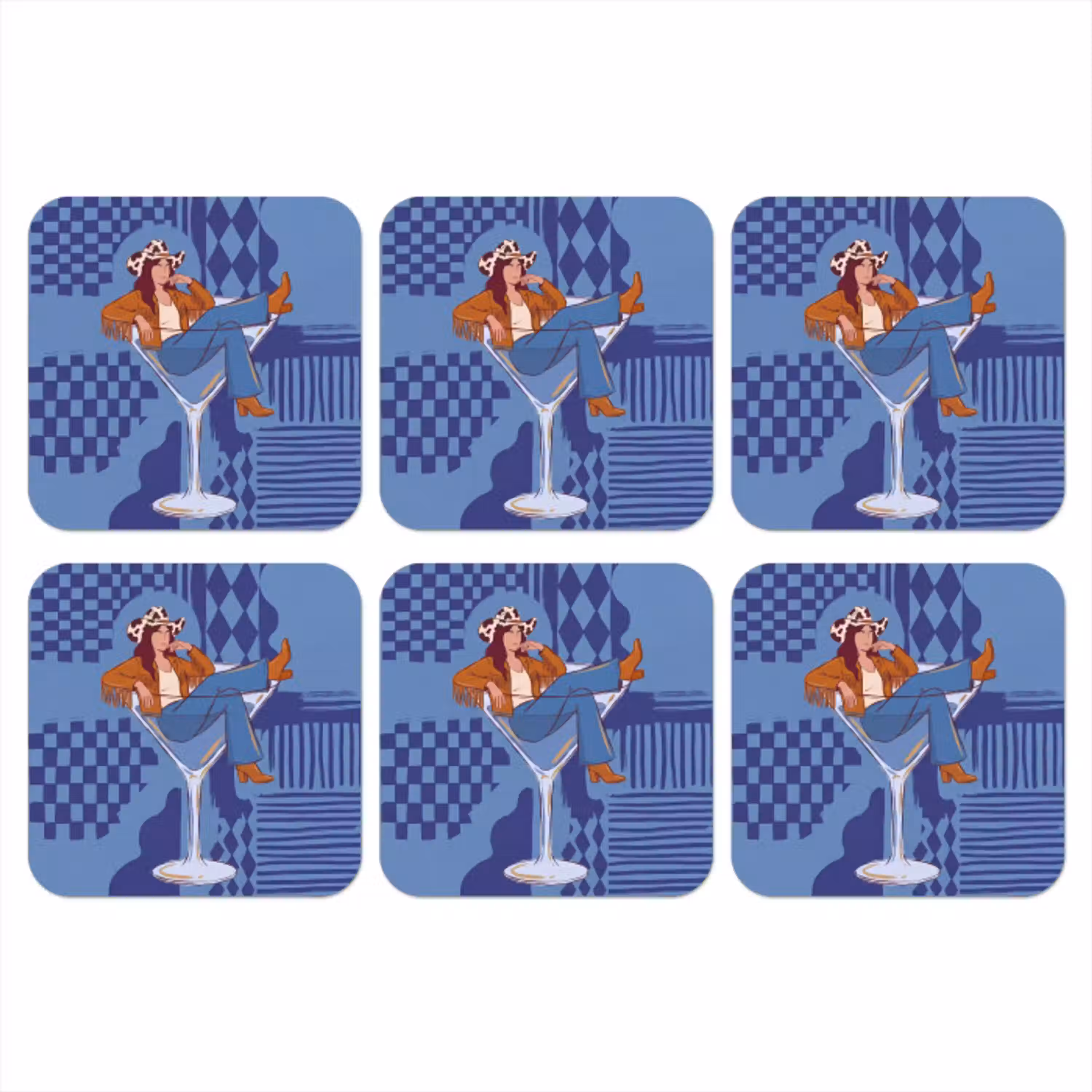 Vrouw - Martini glas - Abstract - Blauw - Kunst onderzetter kurk middel -3d
