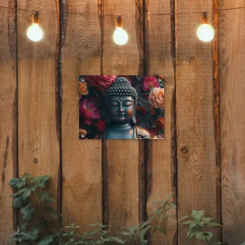 Boeddhabeeld omgeven door bloemen tuinposter los doek klein -sfeer1
