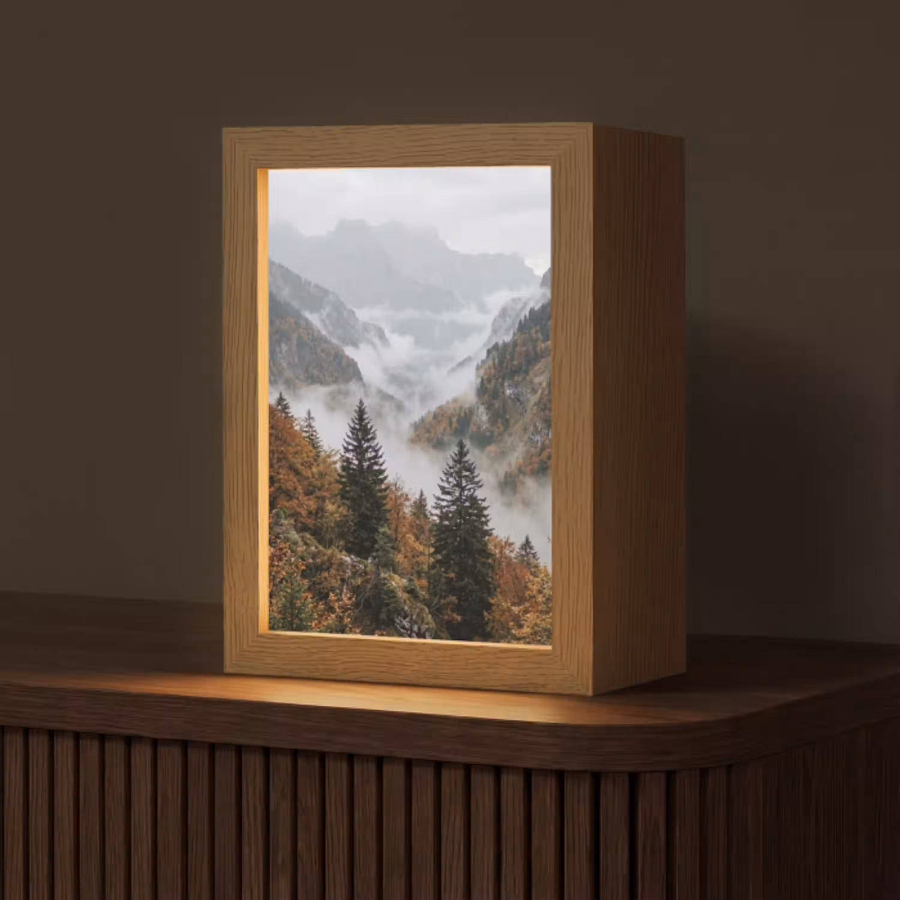 Bergen - Vallei - Mist - Herfst - Natuur Light Box met kabel (Tafellamp) klein -z3d_website