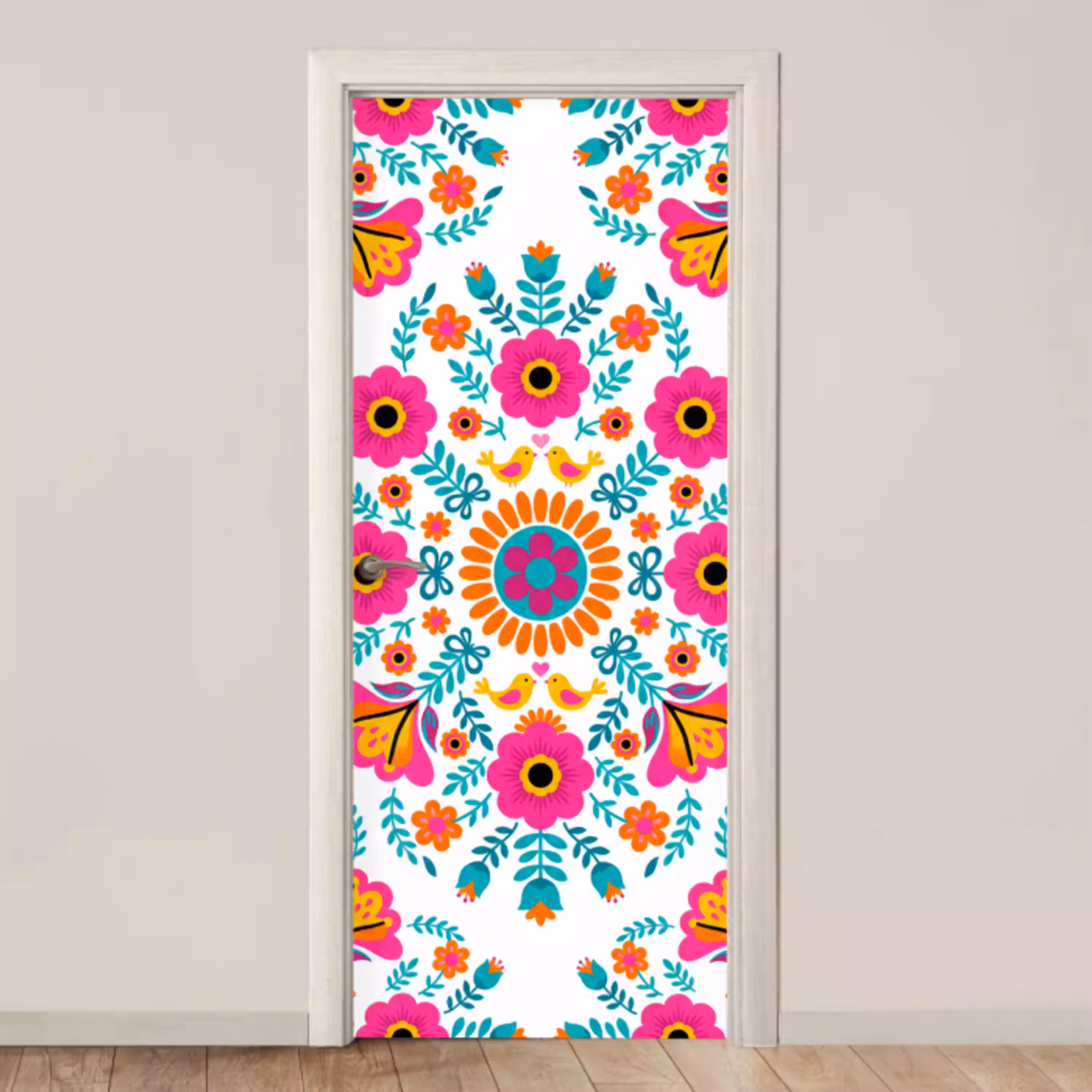 Bloemen - Vogel - Patroon - Kleurrijk - Modern deurposter klein -3d_beige