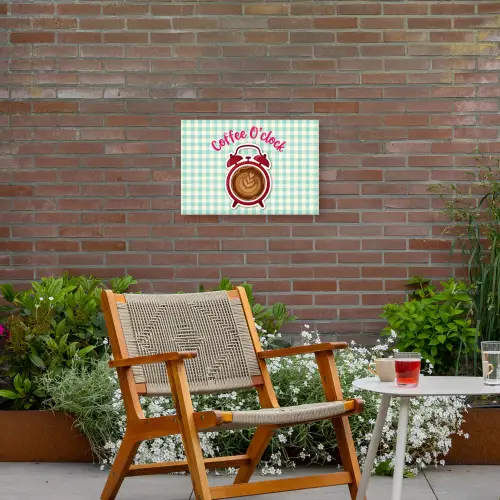 Koffie - Klok - Groen Tuinposter op houten frame 2 cm dik klein -sfeer3