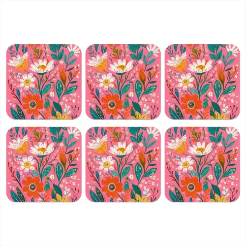 Roze - Bloemen - Wit - Oranje onderzetter kurk middel -3d