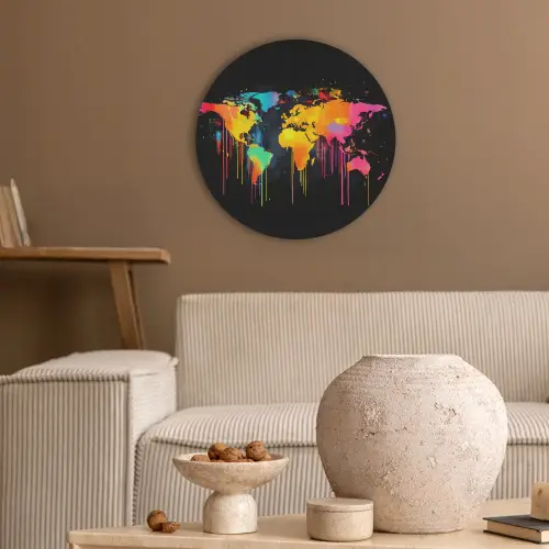 Wereldkaart - Verf - Kleurrijk - Graffiti - Wereld Akoestische PET Vilt - Rond klein -sfeer1