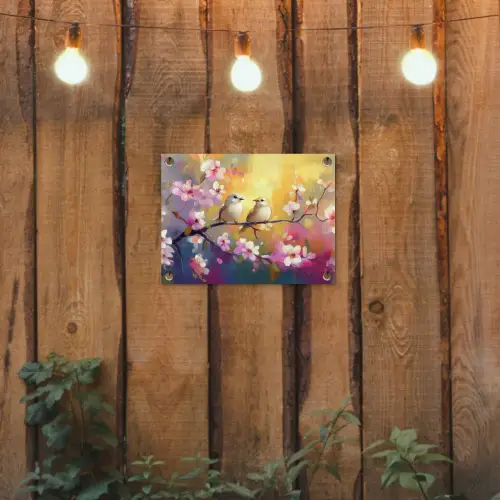 Vogels - Bloemen - Roze tuinposter los doek klein -sfeer1
