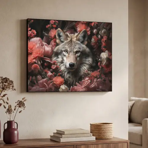 Wolf - Dier - Bloemen - Botanisch - Natuur - Fantasie Textielframe zwart klein -sfeer3