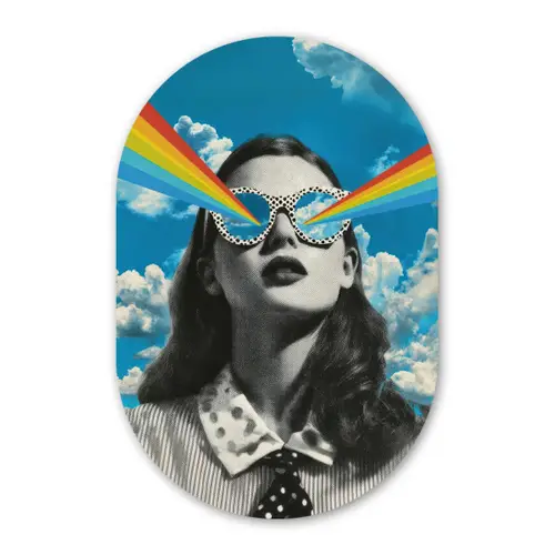 Vrouw - Bril - Regenboog - Wolken Wandcirkel Ovaal Forex klein -3d