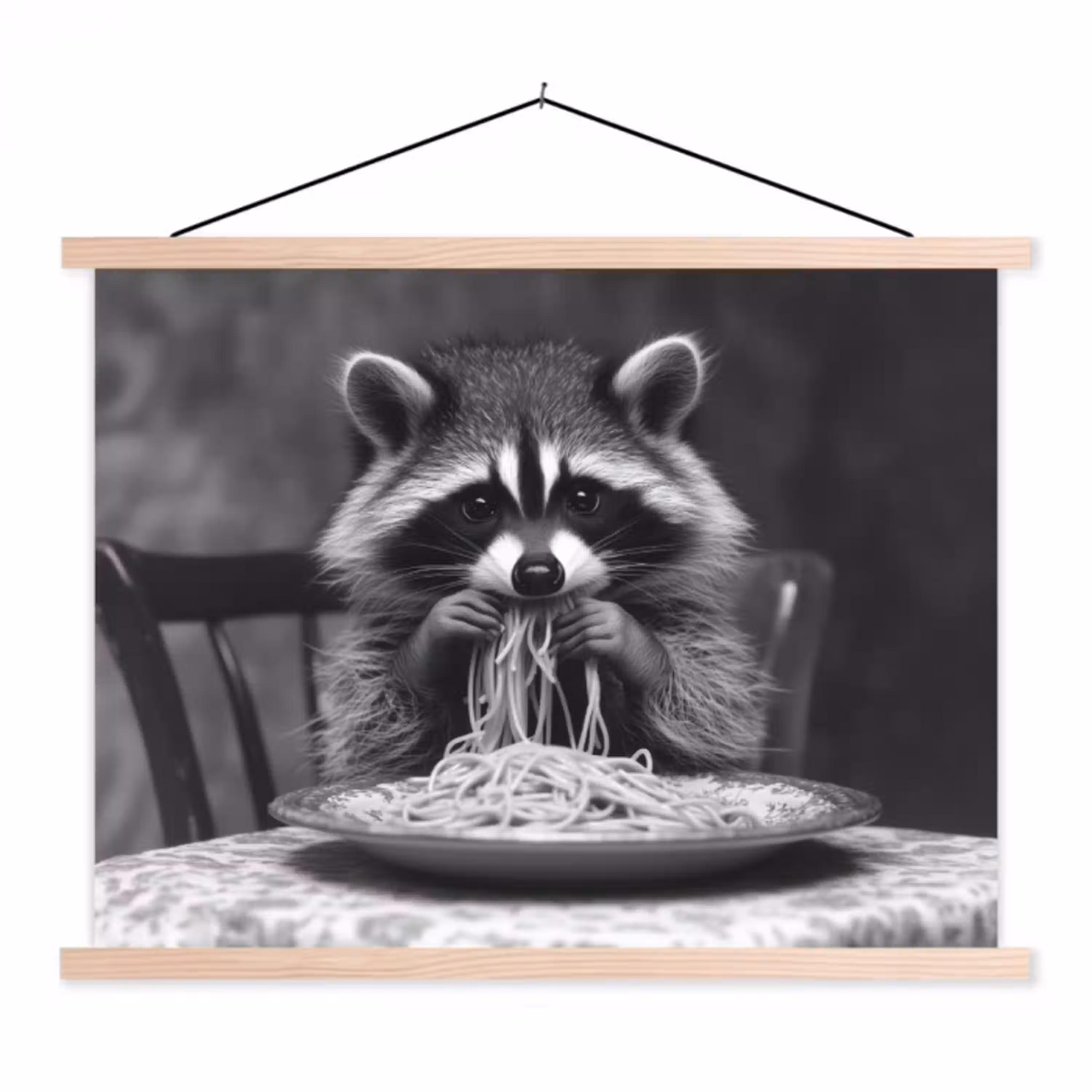 Wasbeer - Cute - Pasta - Tafelkleed - Zwart - Wit textielposter latten blank klein -3d