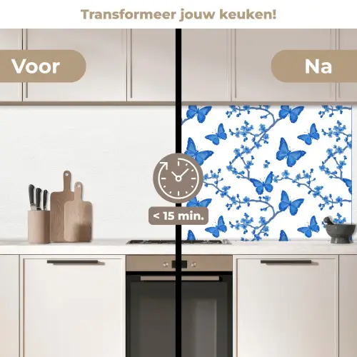 Vlinder - Bloemen - Blauw keuken achterwand 2 middel 871 -voor-na2_NL