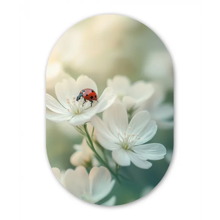 Lieveheersbeestje - Bloemen - Wit Wandcirkel Ovaal Glas middel -3d