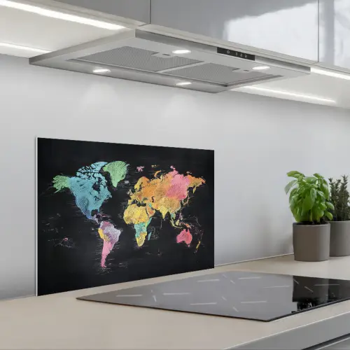 Wereldkaart - Krijtstrepen - Regenboog keuken achterwand spatscherm klein -3d_schuin
