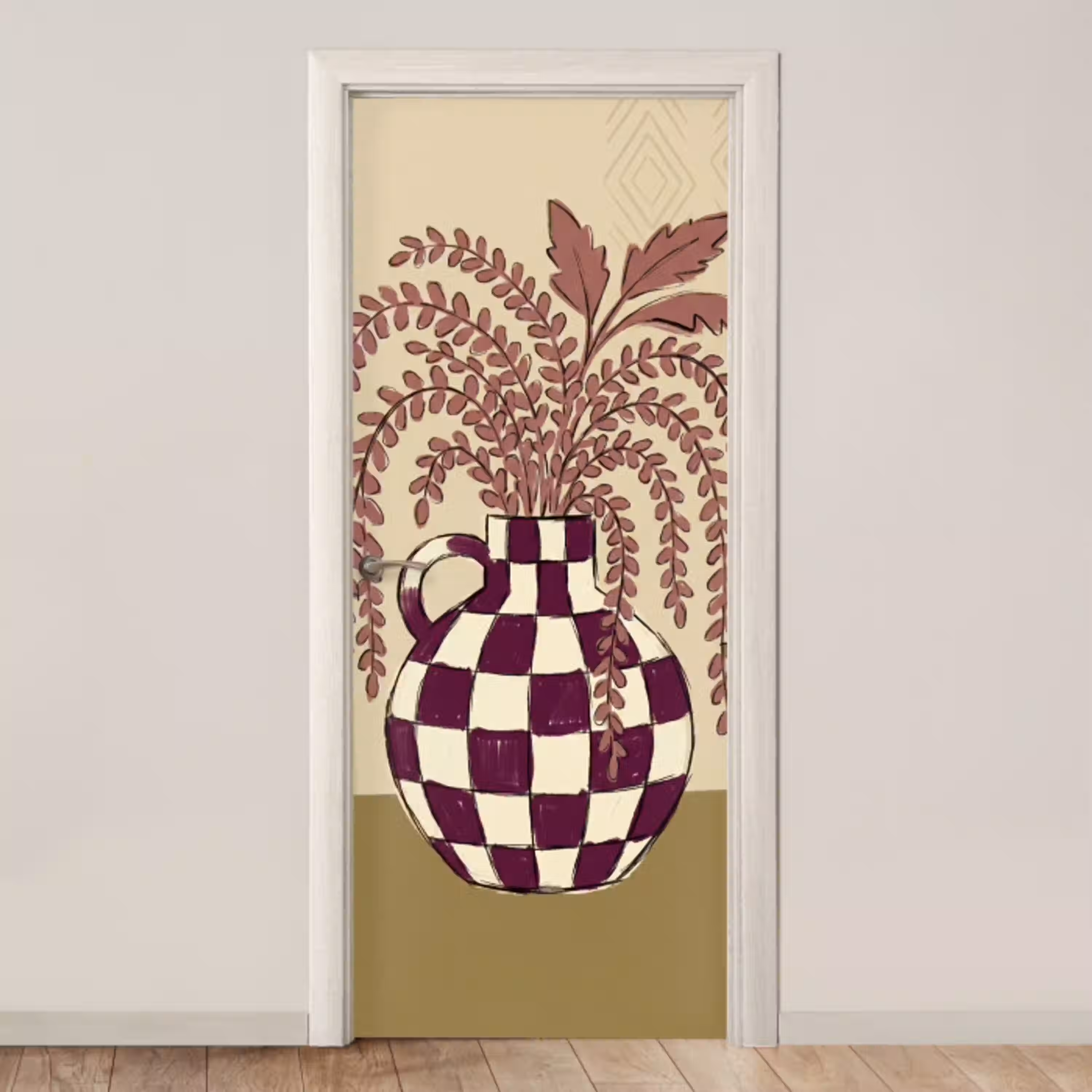 Vaas - Geruit - Planten - Modern - Paars deurposter klein -3d_beige