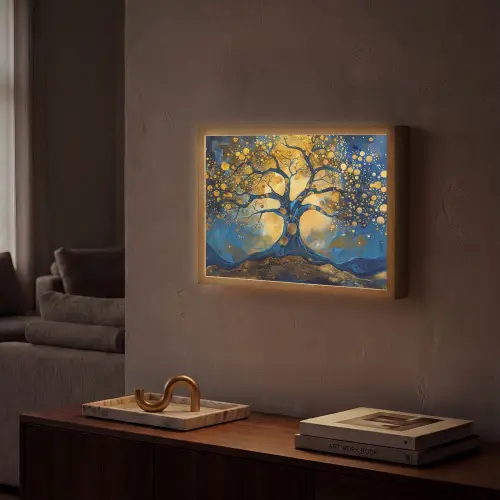 Boom - Levensboom - Blauw - Goud Light Box met batterij (Wandlamp) middel -sfeer1
